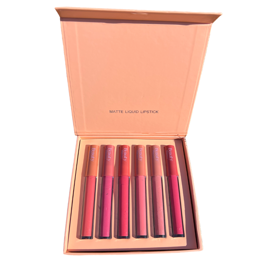 Beauty Wavez matte liquid lipstick set in peach packaging with six vibrant shades, displayed against a soft pink background.
