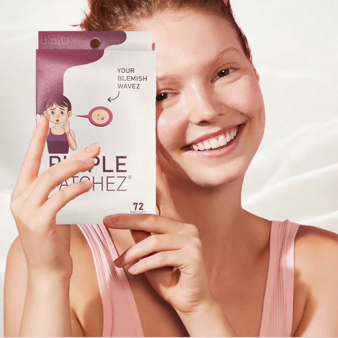 Girl holding Beauty Wavez 72 Pimple Patchez, showcasing fast acting acne spot treatment for clear skin.