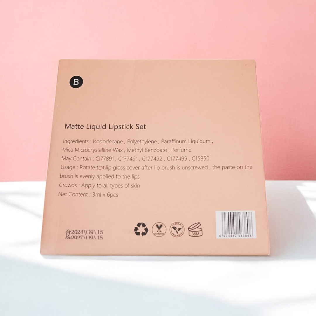 Beauty Wavez matte liquid lipstick set in peach packaging with six vibrant shades, displayed against a soft pink background.