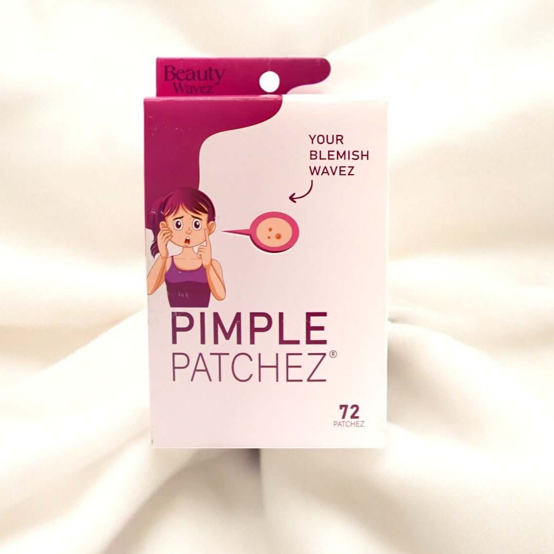 Beauty Wavez Pimple Patchez packaging featuring a girl, promoting fast acne spot treatment and blemish reduction.