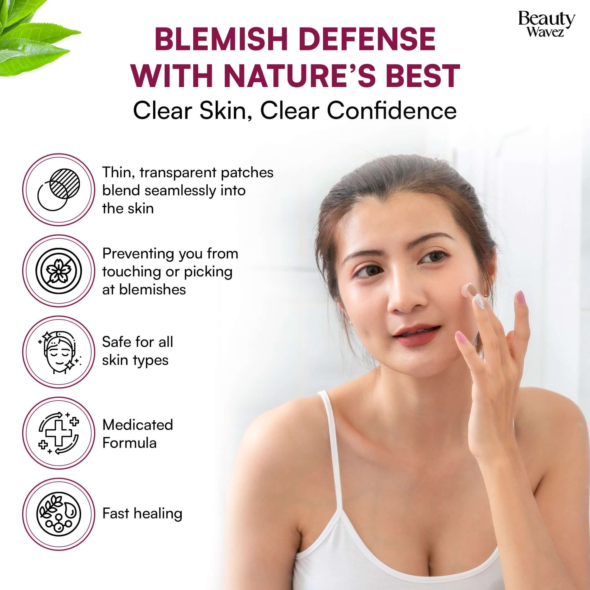 Beauty Wavez pimple patches on a woman applying skincare, promoting clear skin and confidence.