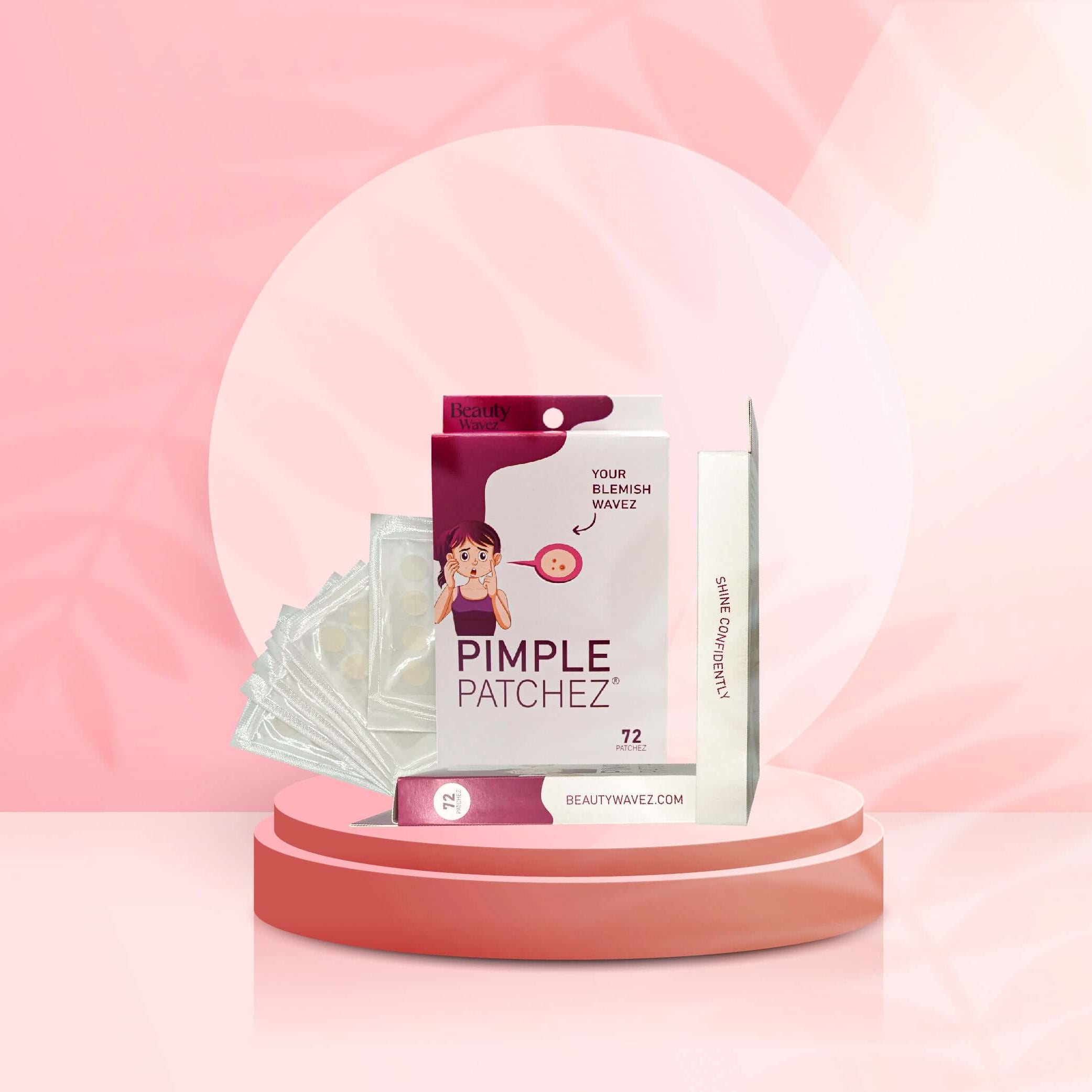 Beauty Wavez 72 Pimple Patchez for fast acne treatment and clear skin, displayed with packaging on a pink pedestal.