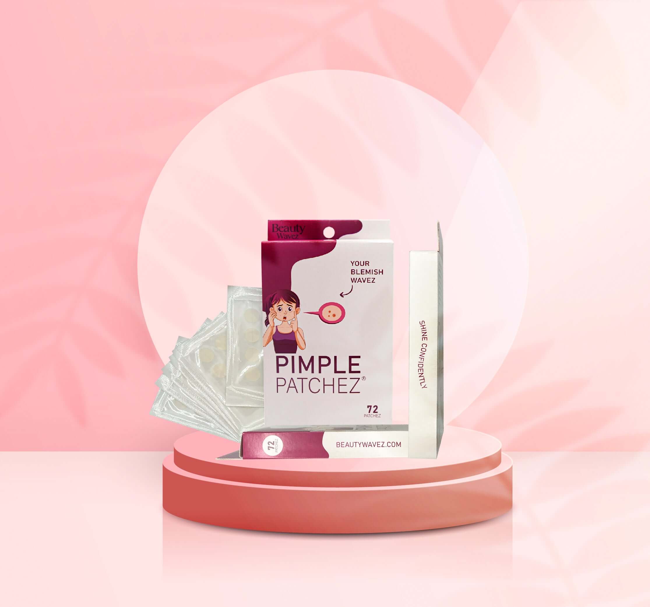 Beauty Wavez 72 Pimple Patchez for fast acne treatment and clear skin, displayed with packaging on a pink pedestal.